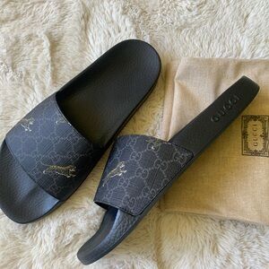 New Gucci Men's GG Supreme Tiger Print Black Sandals sz  12 US 407345 IT